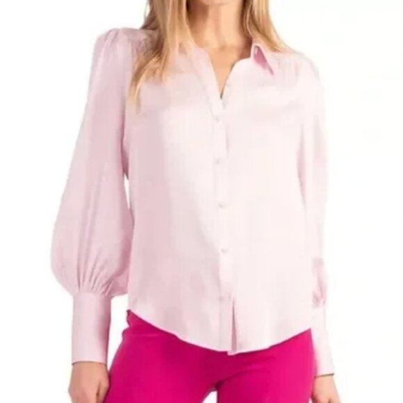 Trina Turk Women's Sagittarius Silk-Blend Blouse Long Sleeve Stretch Pink Size S - Picture 2 of 10